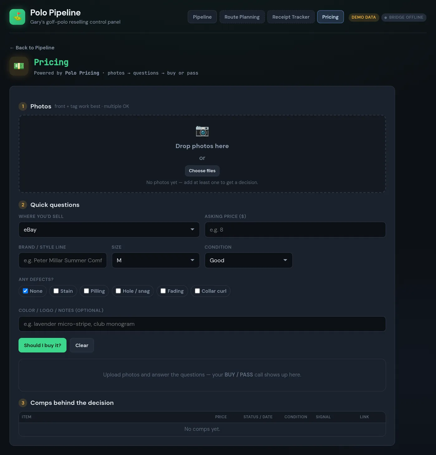 Pricing screen: a photo drop zone, quick questions for marketplace, brand, size, condition and defects, a 'Should I buy it?' button, and an empty comps table