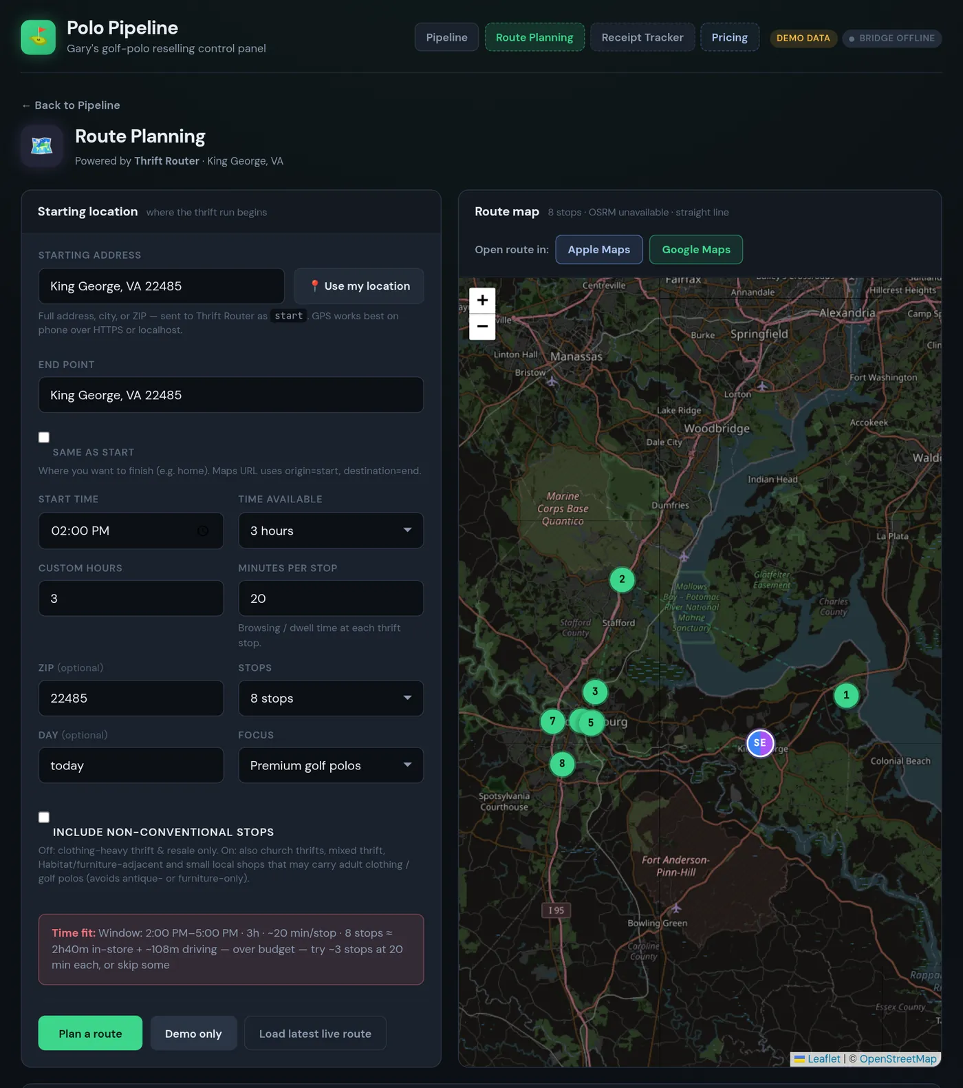 Route Planning screen: starting location, end point, start time, time available, minutes per stop, stop count and focus on the left, and a map of a numbered demo route on the right