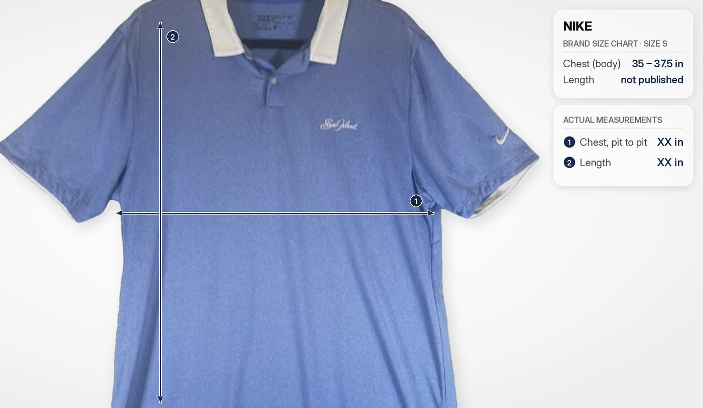 Listing photo template: the cleaned polo with numbered chest and length guides and a card comparing the brand size chart to actual measurements